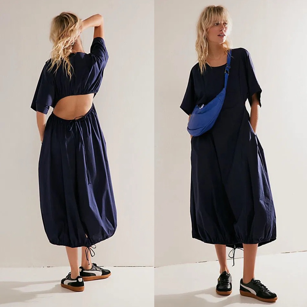 Free People Navy Blue Midi Dress with Open Back